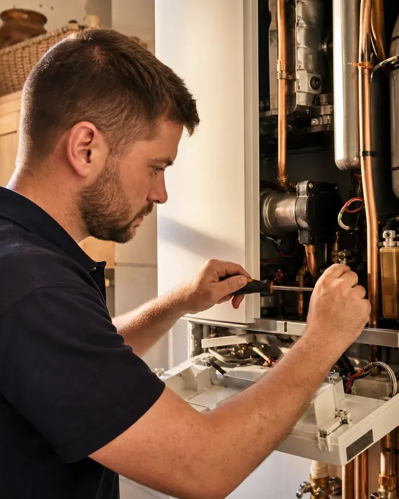 A engineer uses a screwdriver to service the internal components of an open wall-mounted boiler in a home kitchen.