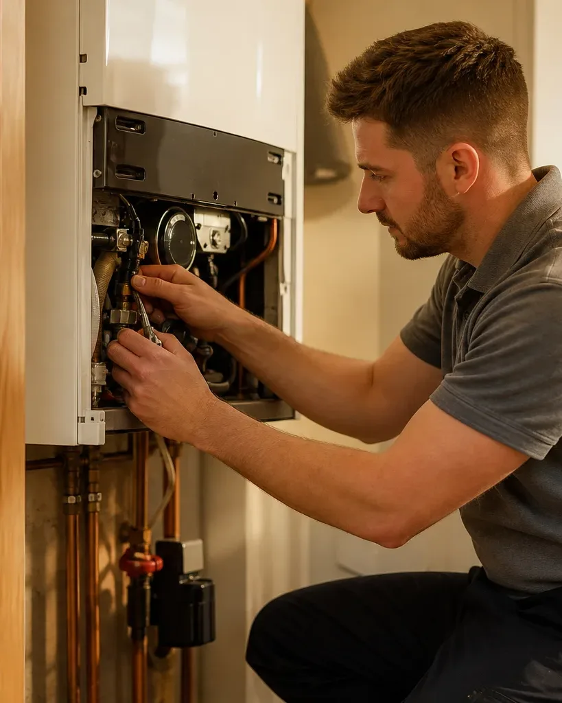 A engineer crouches to service the internal components of a wall-mounted boiler inside a home.