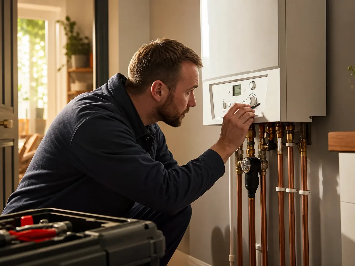 A heating engineer crouches to inspect a wall-mounted boiler with copper pipework, toolbox open nearby.