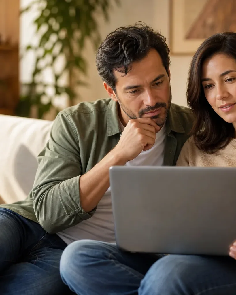 Two people sit on a sofa looking attentively at a laptop screen in a cosy living room.