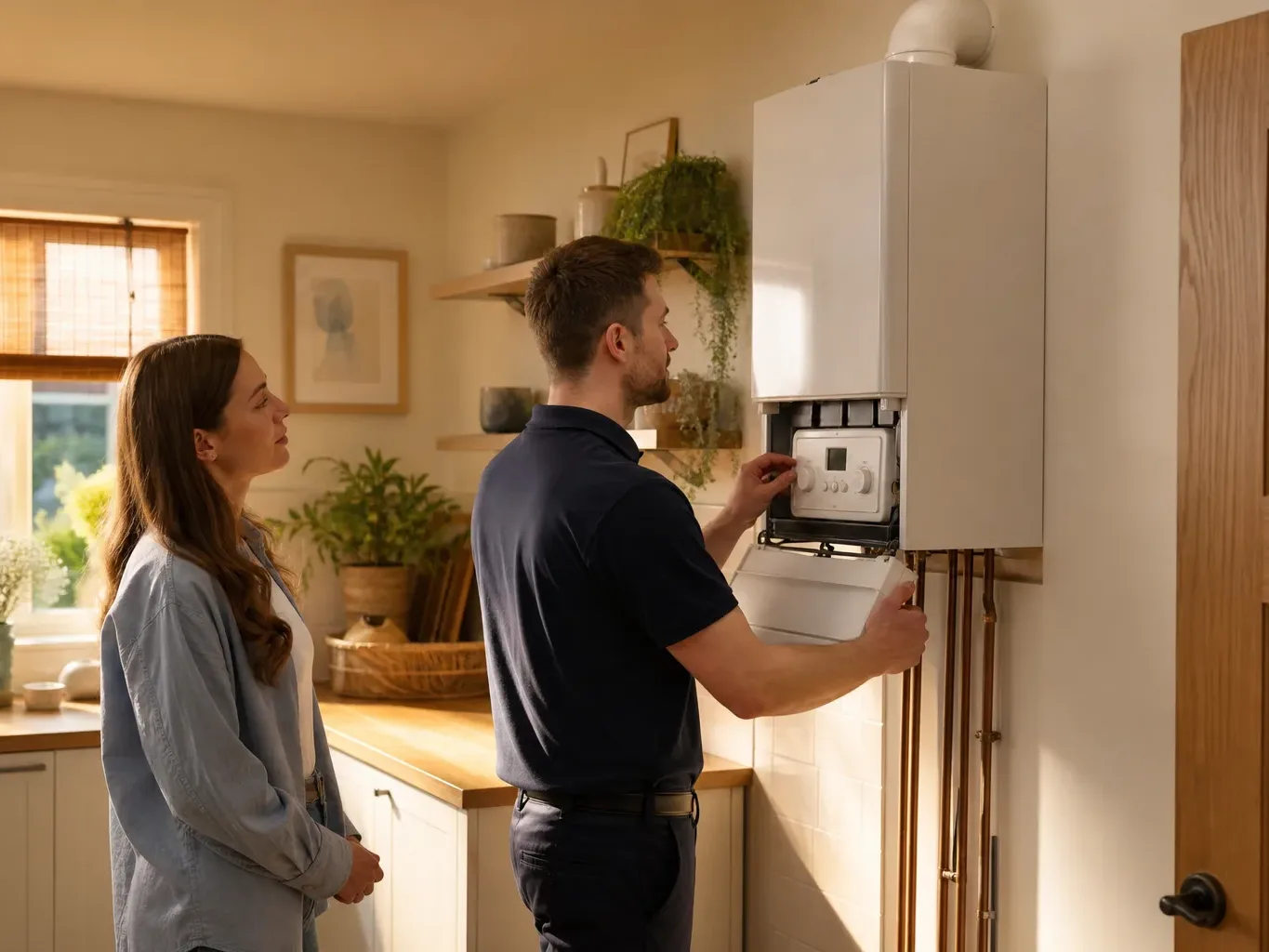 A heating engineer adjusts a wall-mounted boiler in a kitchen while a homeowner looks on.