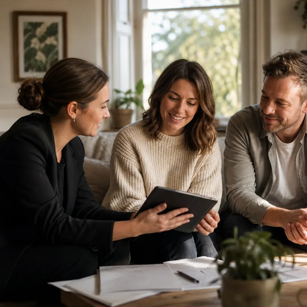 Three people sit in a living room, two on a sofa, one showing them a tablet, with papers on a coffee table.