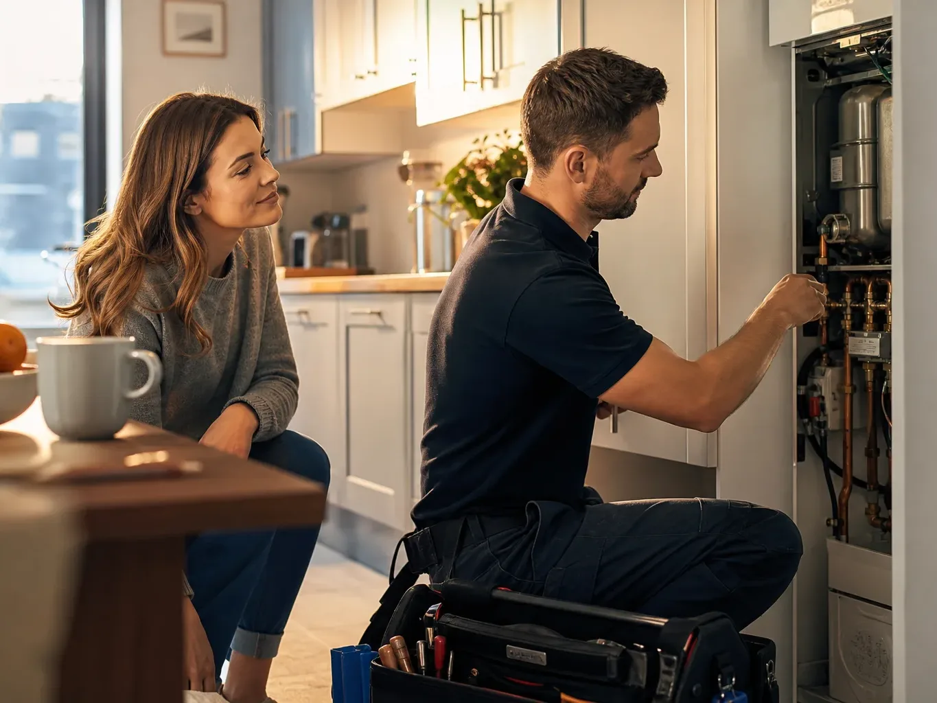 A homeowner watches as an engineer kneels to service a boiler unit in a kitchen, with a toolbox nearby.