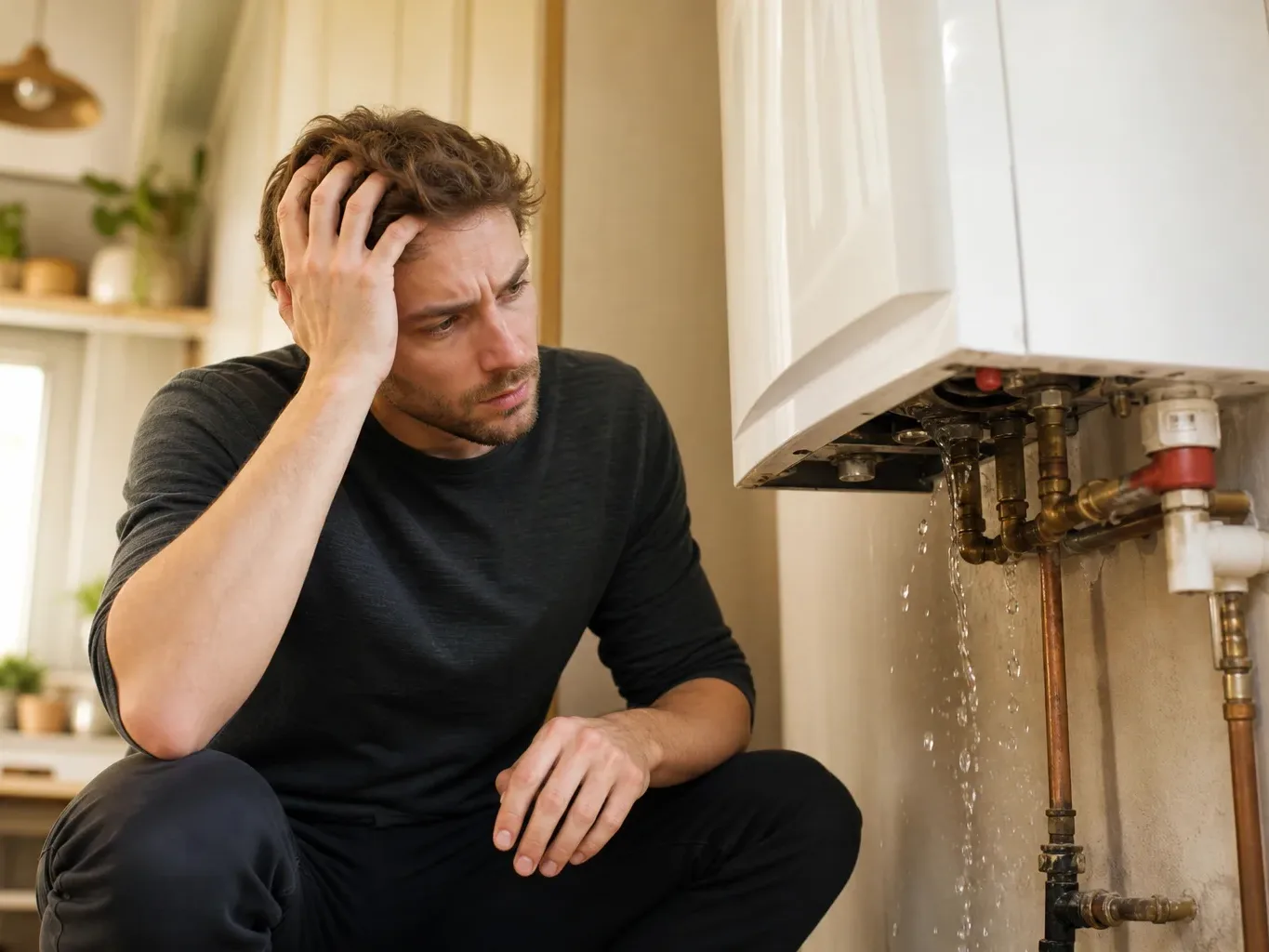 A person crouches beside a wall-mounted boiler that is leaking water, holding their head in their hand with a worried expression.