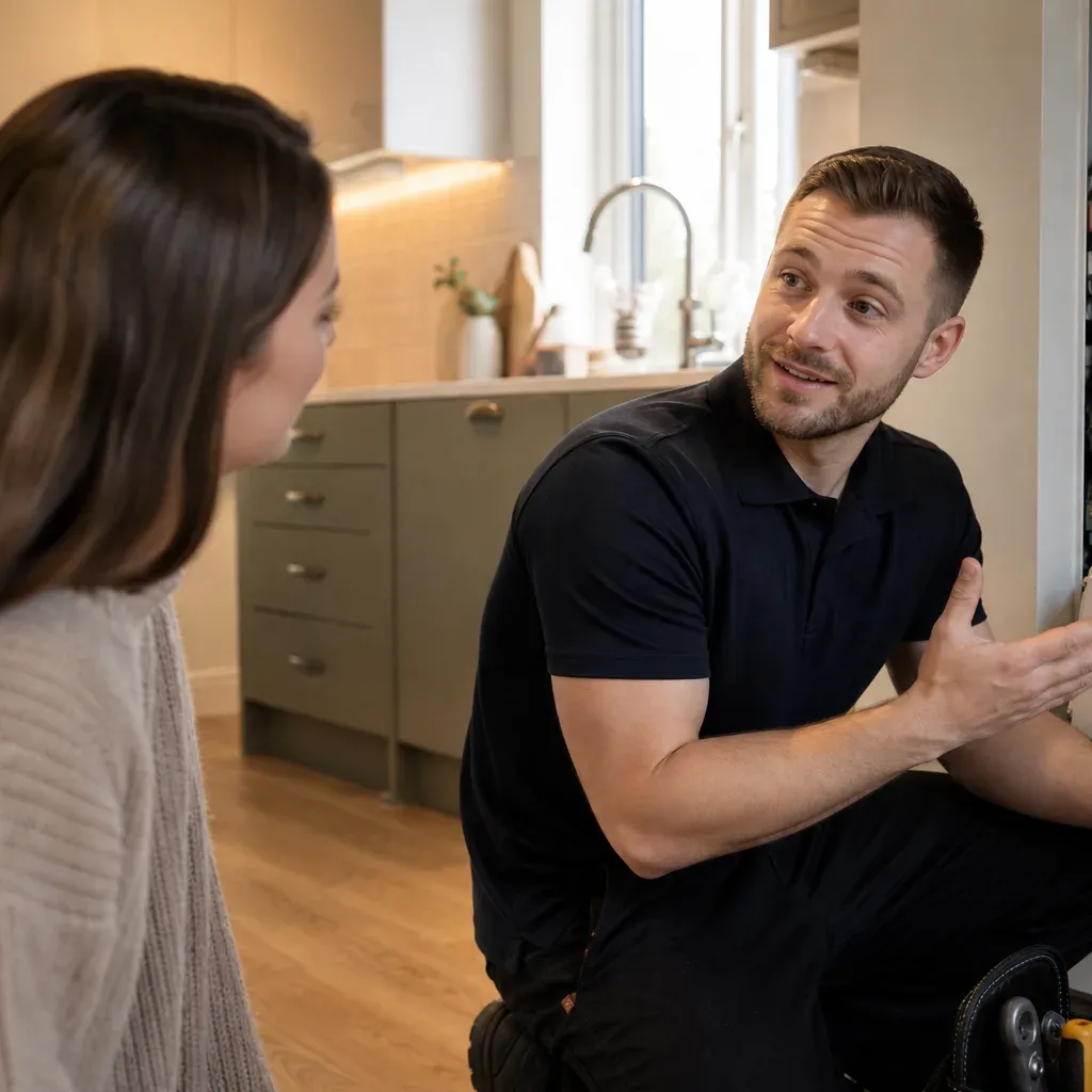 A engineer kneels beside an open boiler, explaining the workings to a homeowner in a modern kitchen.