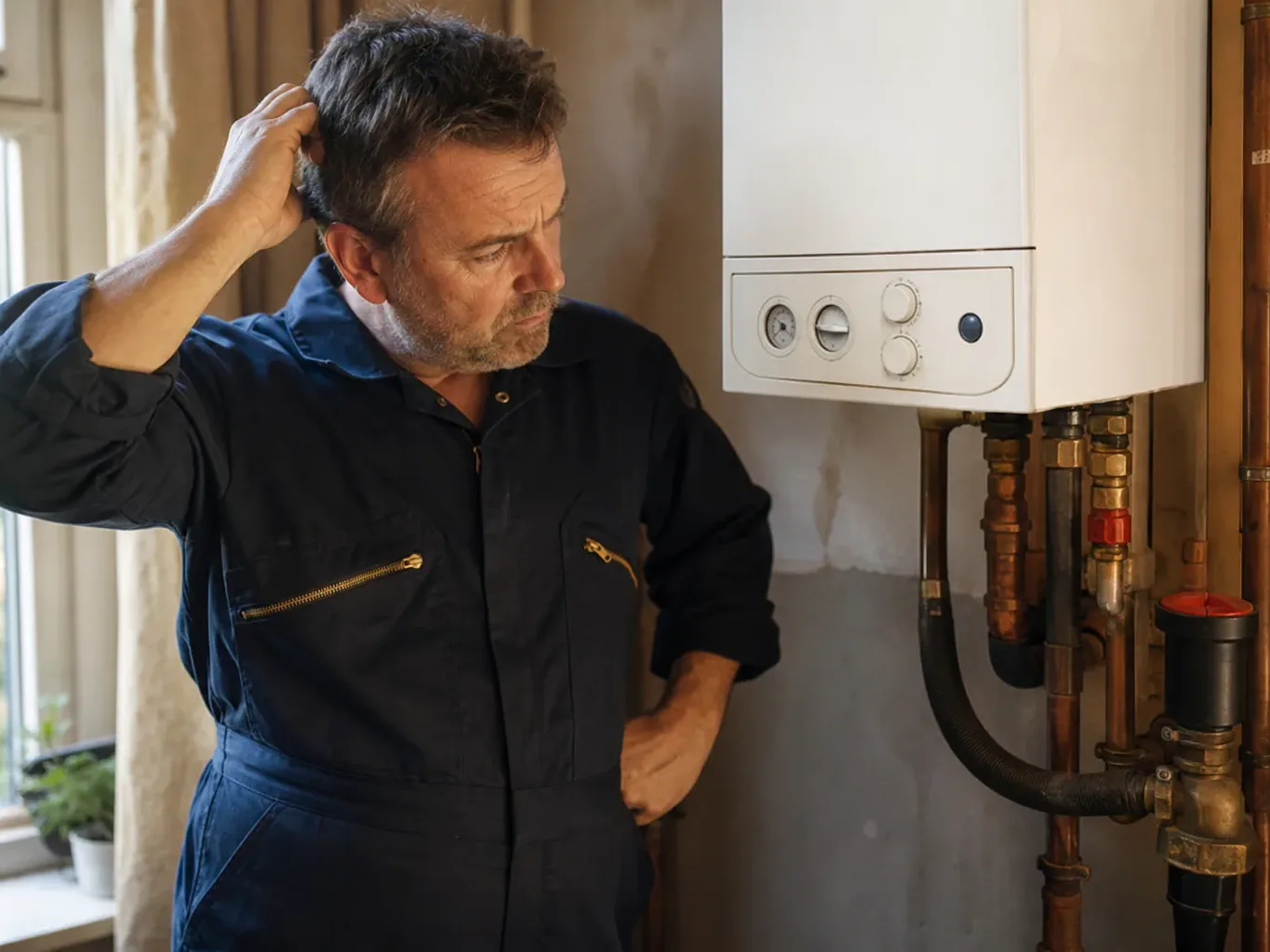 A worker in blue overalls scratches their head whilst looking at a wall-mounted boiler with copper pipework.