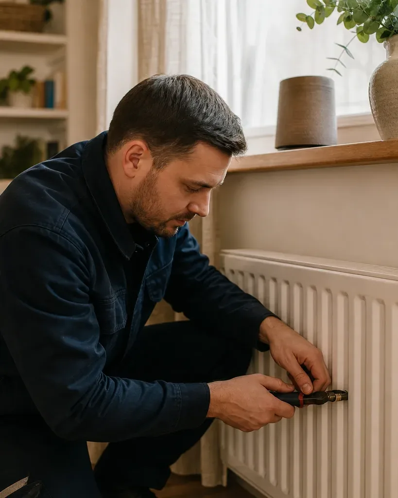 A person in dark work clothes uses a screwdriver to adjust a valve on a white radiator in a home.