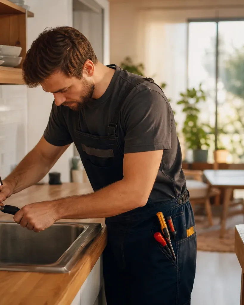 A plumber works on a kitchen tap using a screwdriver, with a toolbox and tools on a nearby counter.