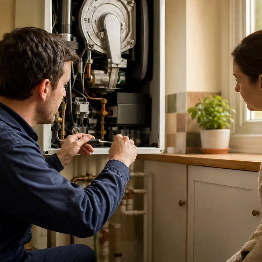 A engineer crouches to work on an open boiler whilst a homeowner watches in a domestic kitchen.