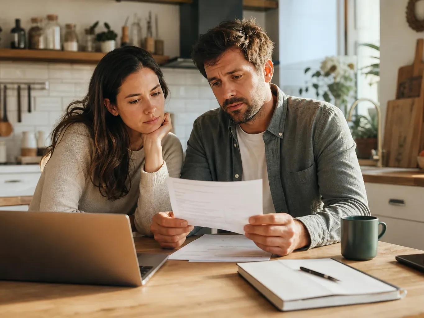 Two people sit at a kitchen table reviewing paperwork together, with a laptop and notepad in front of them.