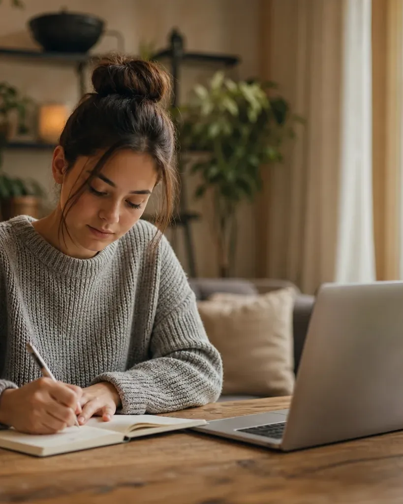A person in a grey knitted jumper writes in a notebook at a wooden desk beside an open laptop in a cosy living room.