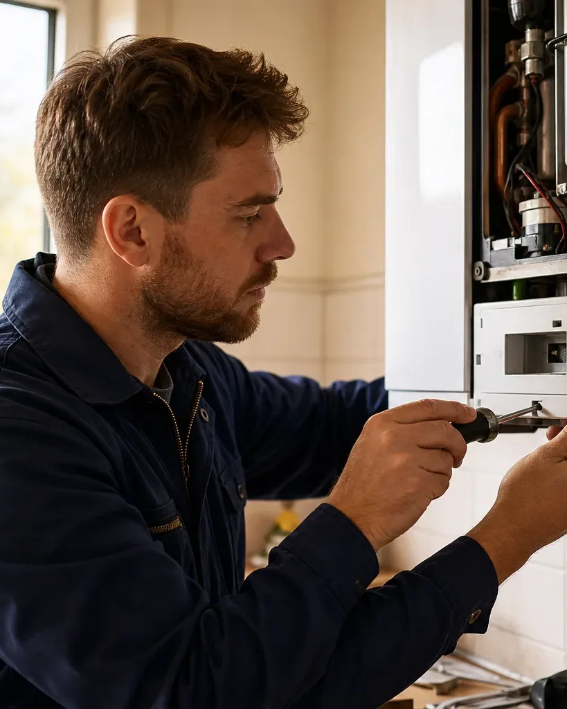 A engineer in a navy boilersuit uses a screwdriver to work on a wall-mounted boiler inside a home.