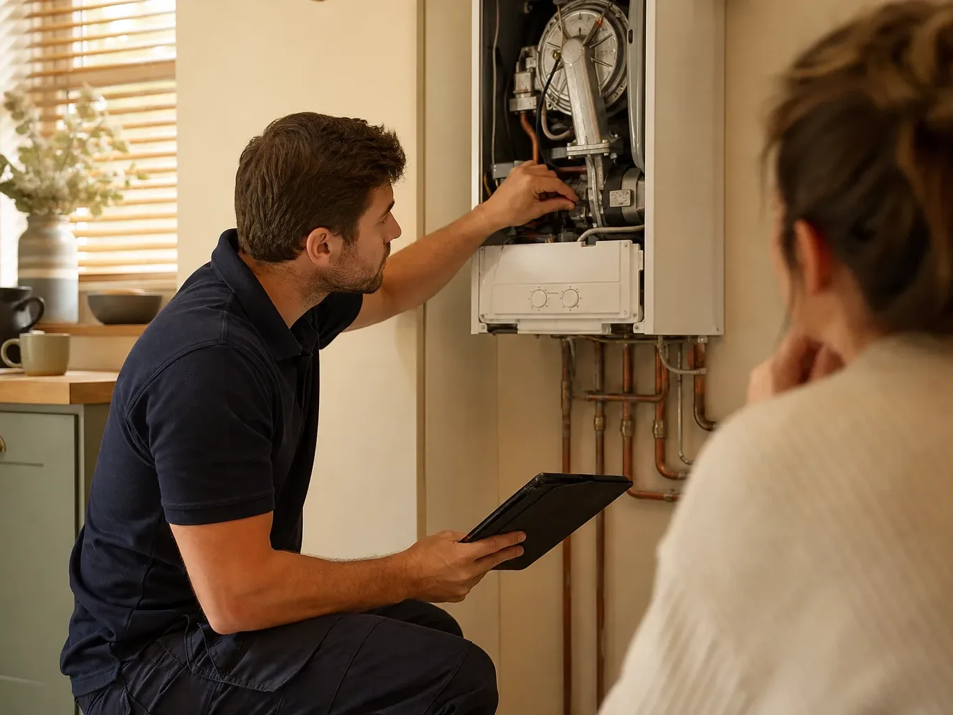 A engineer crouches to inspect an open boiler whilst a second person looks on in a domestic kitchen.