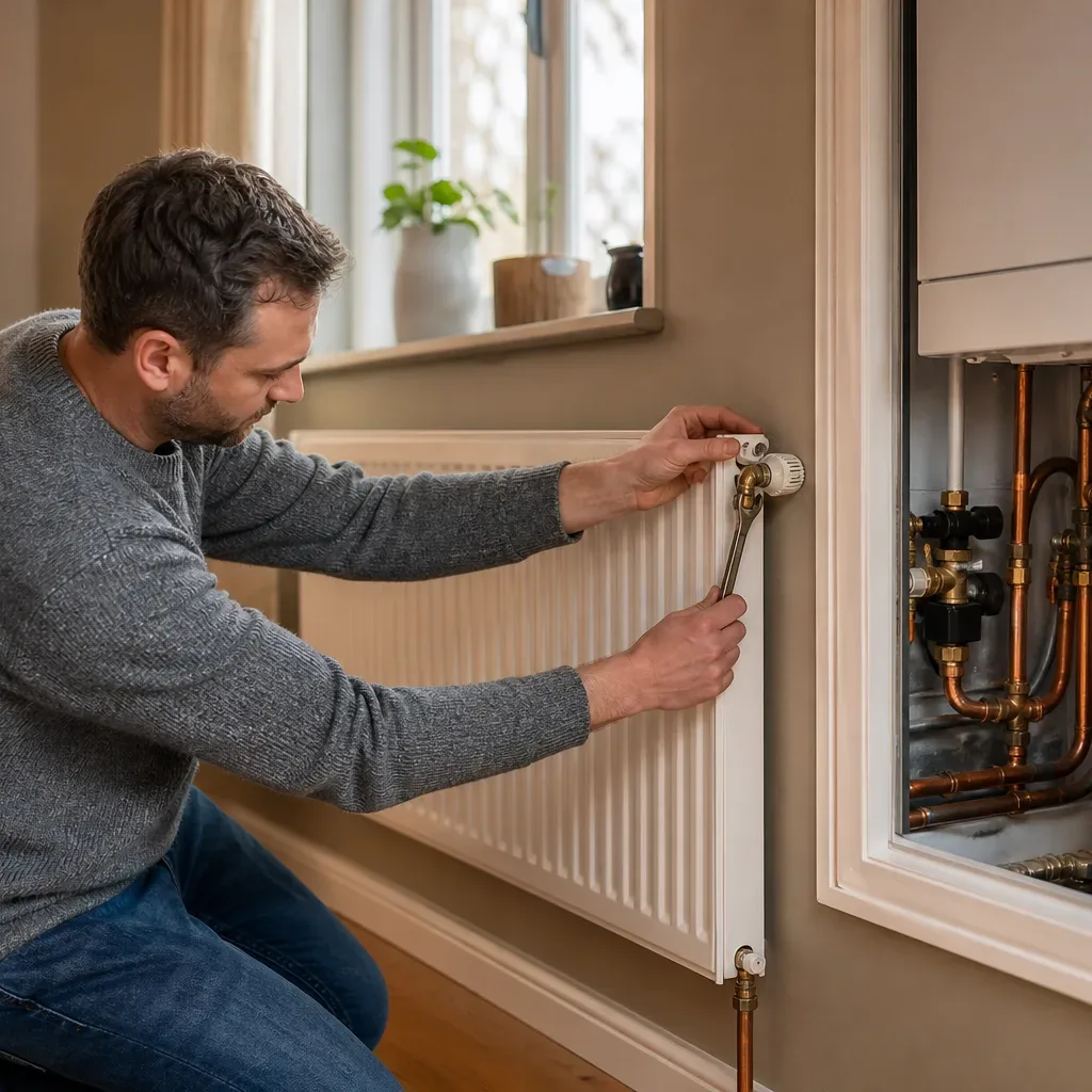 A person in a grey jumper adjusts a thermostatic valve on a white radiator next to an exposed boiler with copper pipework.