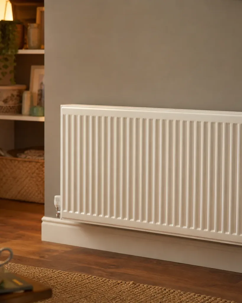 A white panel radiator mounted on a grey wall in a warmly lit living room with a sofa, floor lamp and houseplants