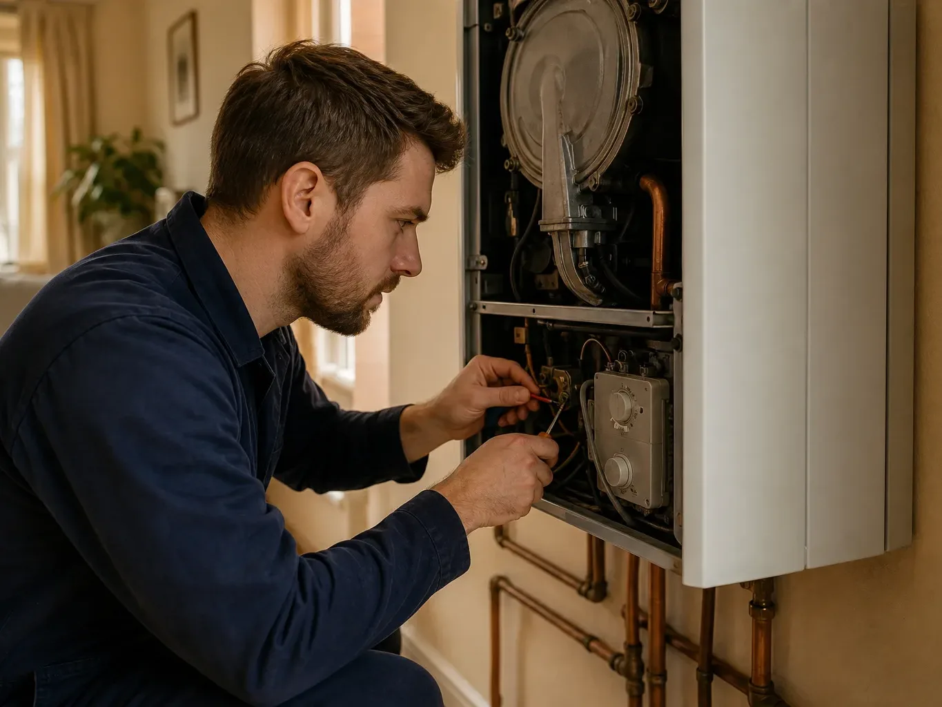 A engineer in a navy boiler suit uses a screwdriver to service the interior of an open wall-mounted boiler in a home.