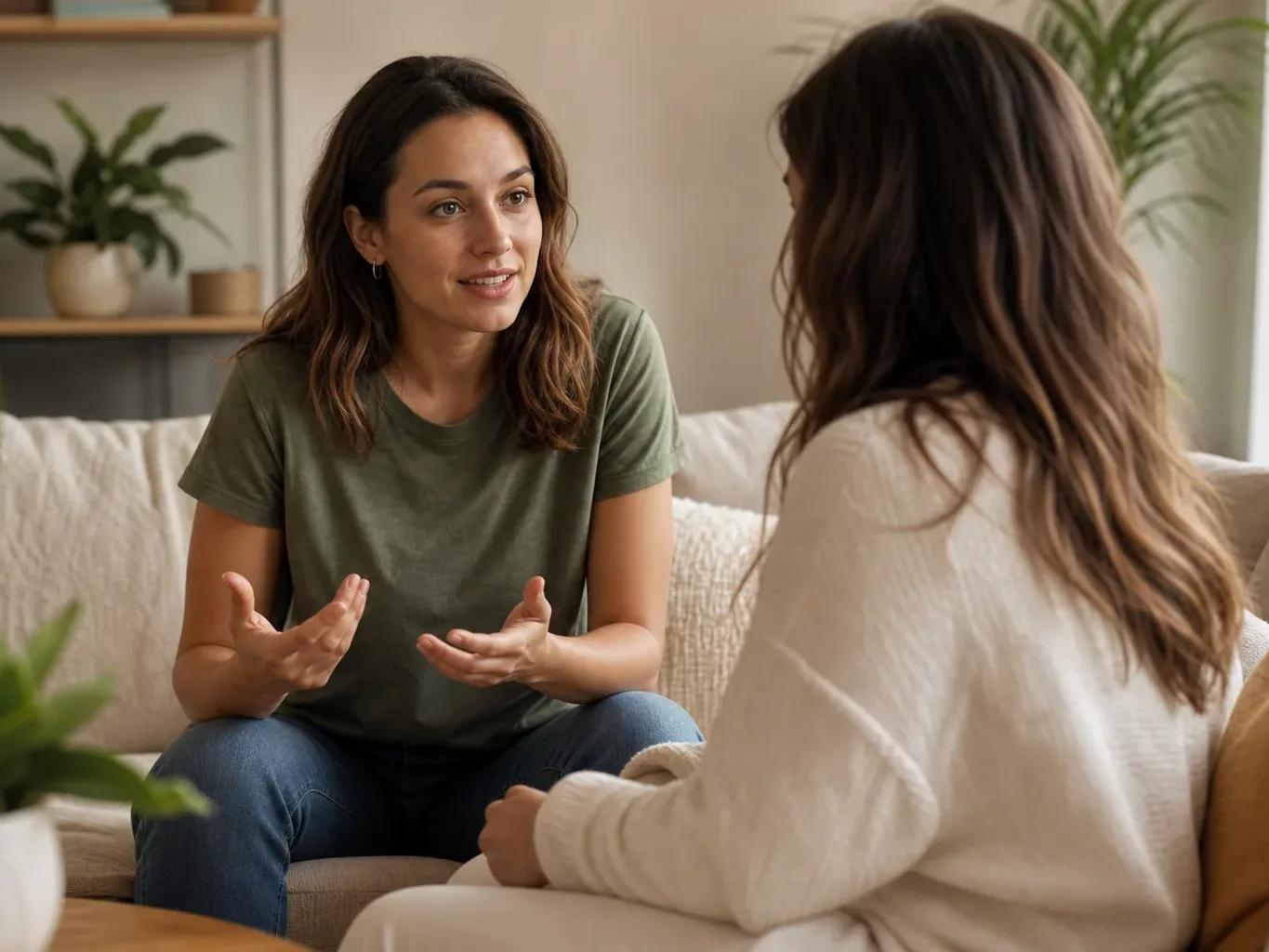 Two people sit on a sofa in a living room, one gesturing with their hands whilst speaking to the other.
