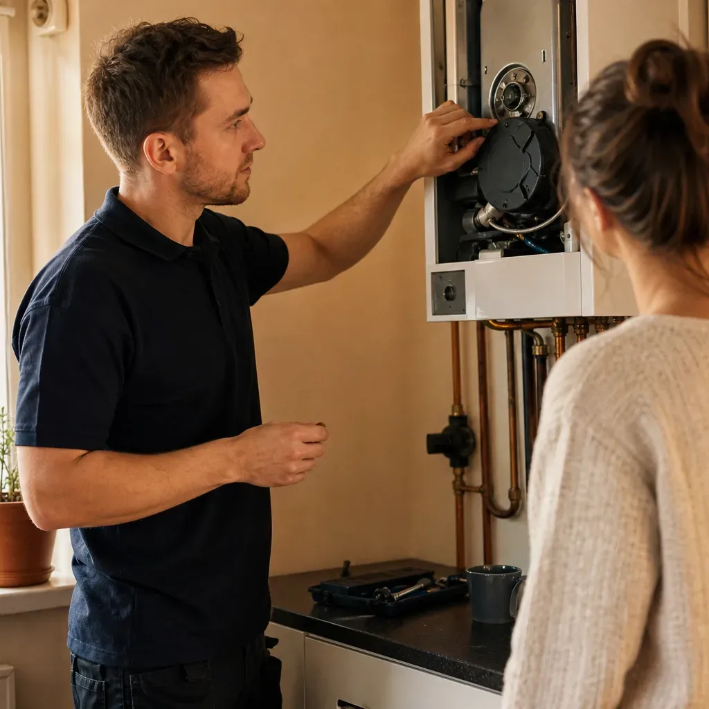 A engineer in a dark polo shirt works on an open wall-mounted boiler whilst a homeowner looks on in a kitchen.