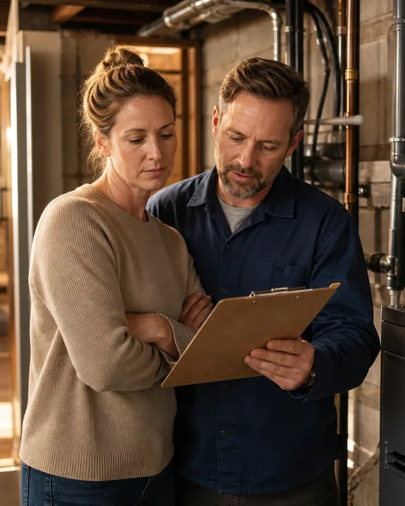 Two people in a basement utility room review a clipboard next to a furnace and pipework.