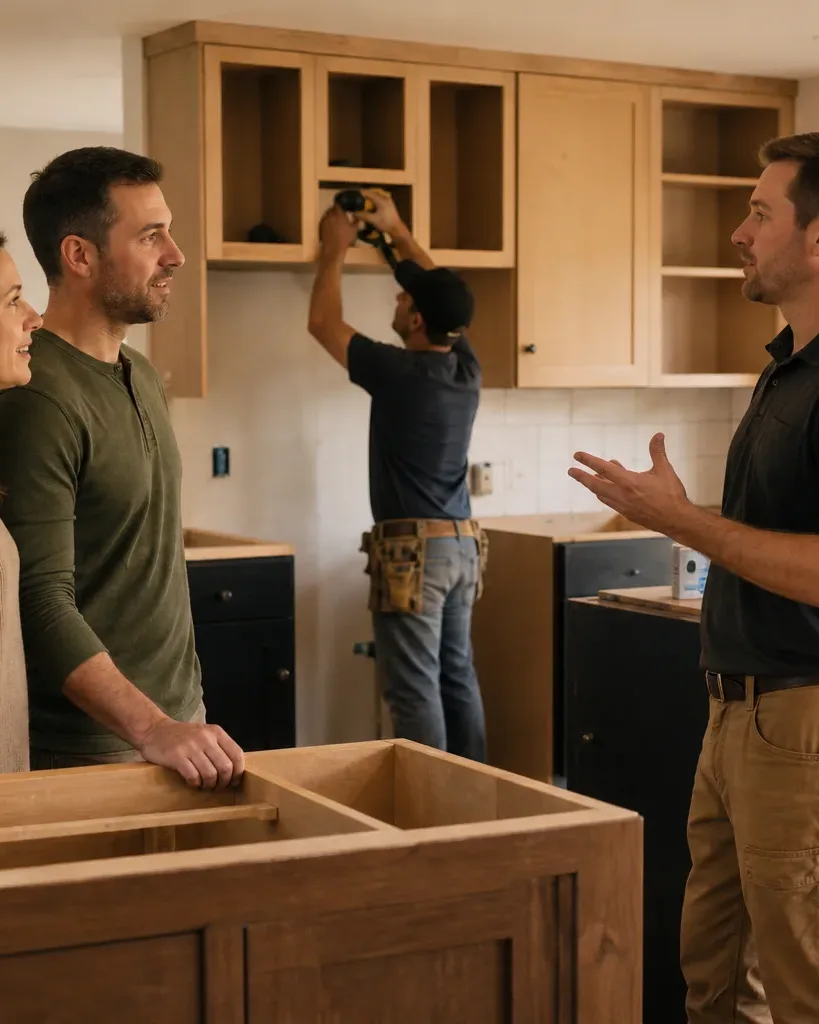 Two homeowners discuss a kitchen renovation with a contractor whilst a worker installs upper cabinets in the background.
