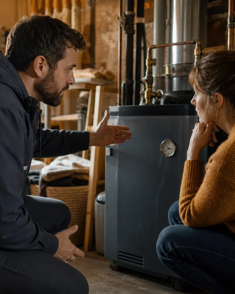A technician crouches beside a boiler in a utility room, explaining something to a homeowner who listens attentively.