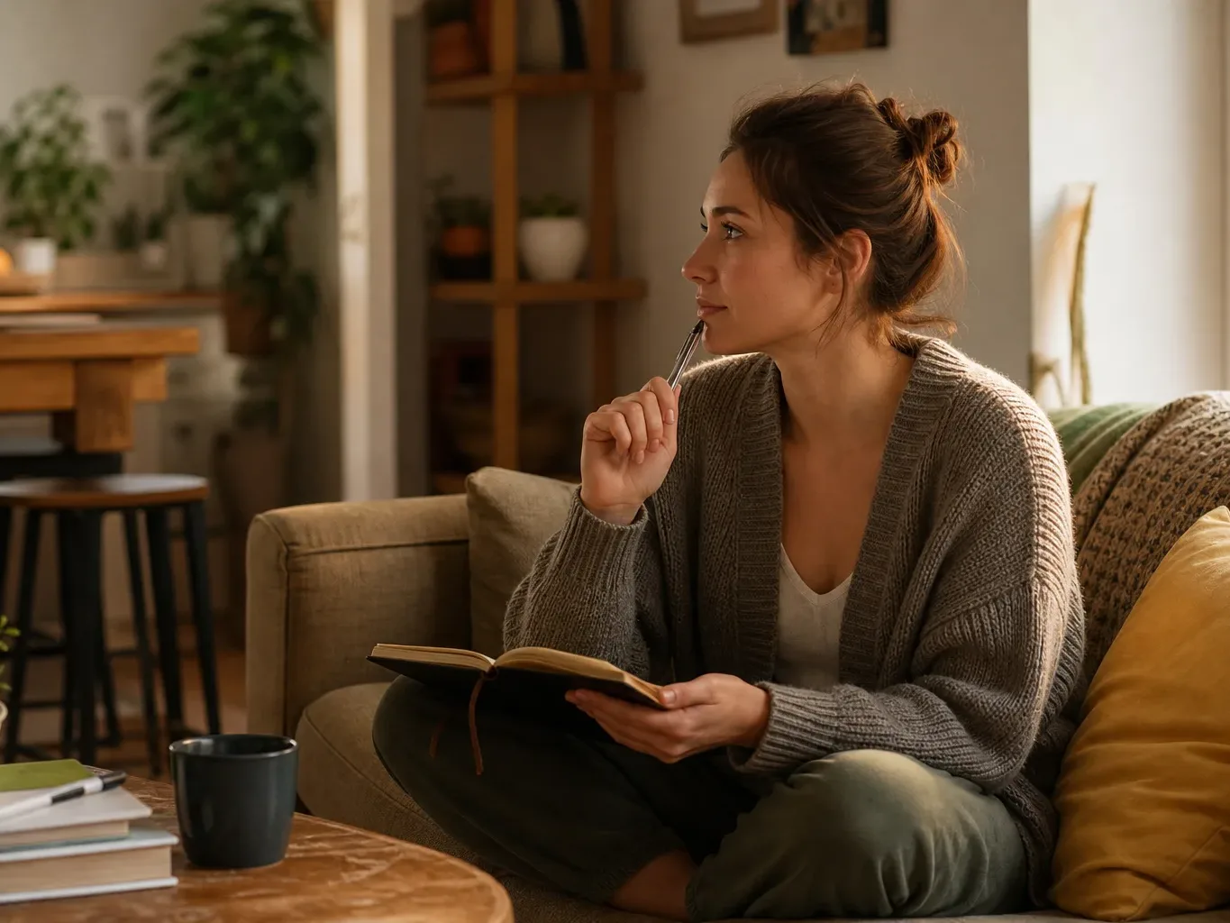 A person sits cross-legged on a sofa holding an open notebook and pen, gazing thoughtfully across a cosy living room.