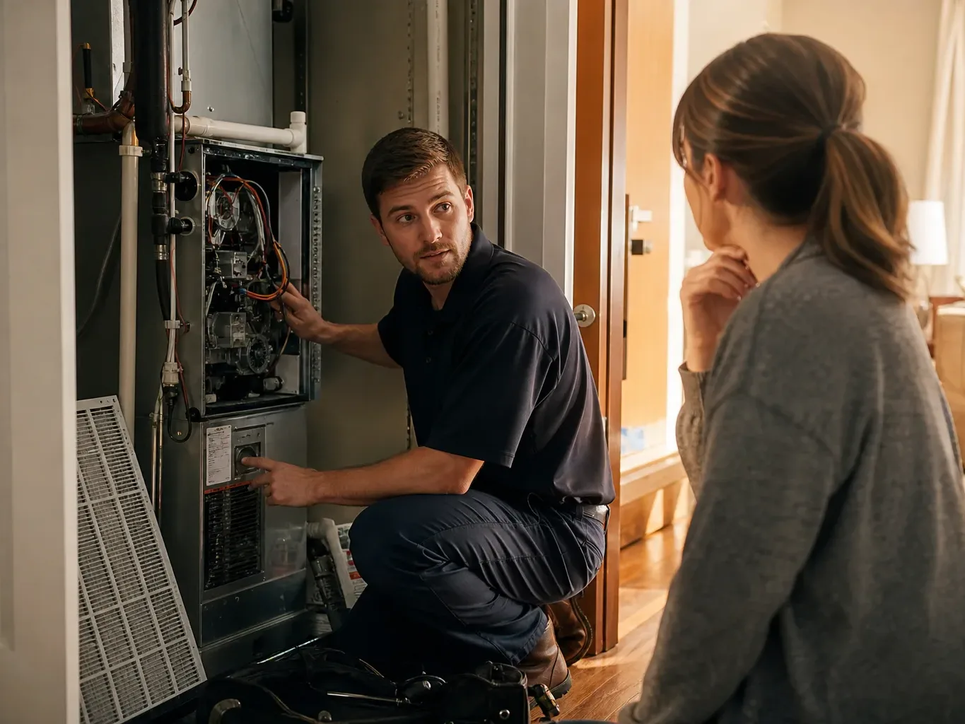 A technician crouches to service an open furnace unit whilst a homeowner looks on in a hallway.