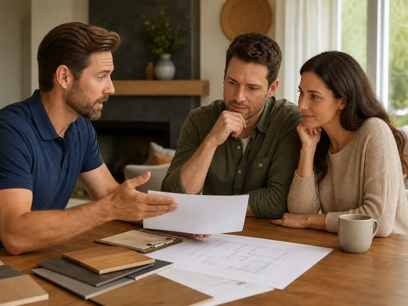 Three people sit at a wooden table reviewing papers and material samples in a modern living room.