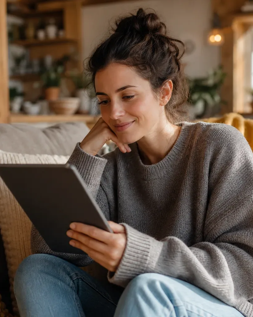 A person relaxing on a sofa, smiling whilst looking at a tablet, in a warmly lit living room.