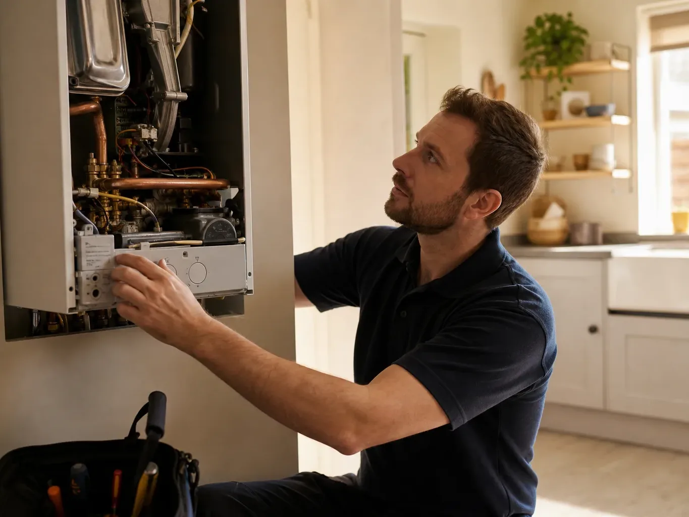 A engineer kneeling in a kitchen, adjusting the internal controls of an open wall-mounted boiler.