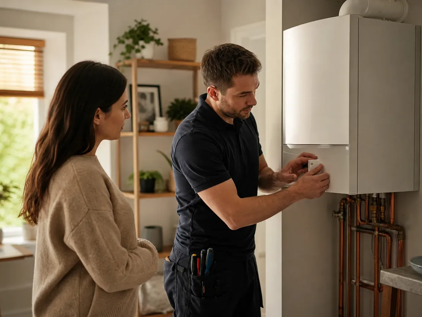 A engineer adjusts a wall-mounted boiler while a homeowner watches in a modern living space.