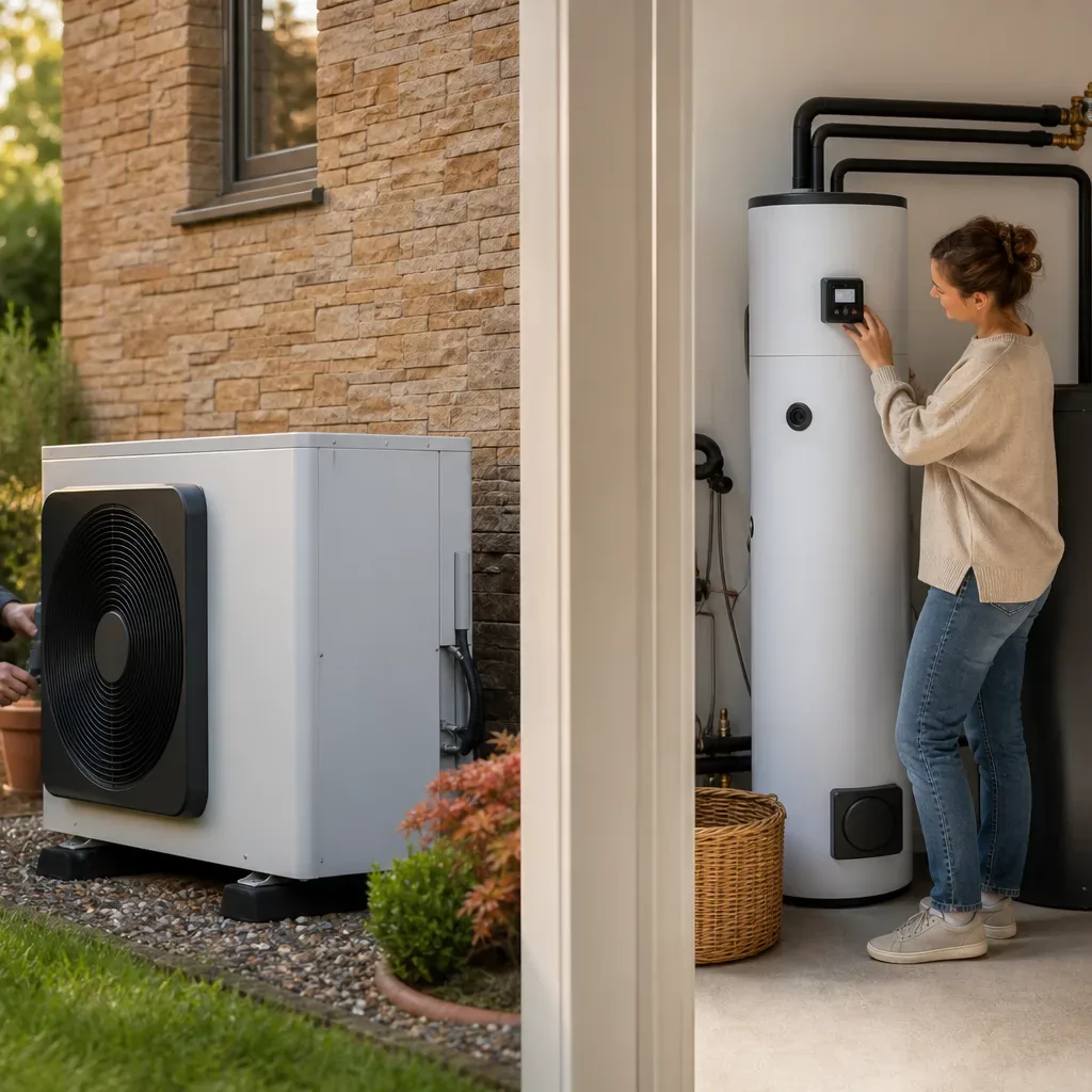 A technician works on an outdoor heat pump unit whilst a homeowner adjusts settings on an indoor hot water cylinder.