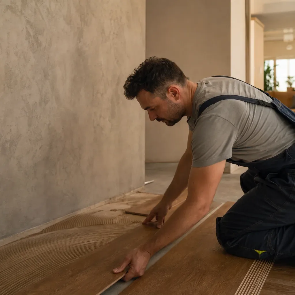 A worker in dungarees kneels on a floor, carefully laying wooden planks over adhesive inside a home.