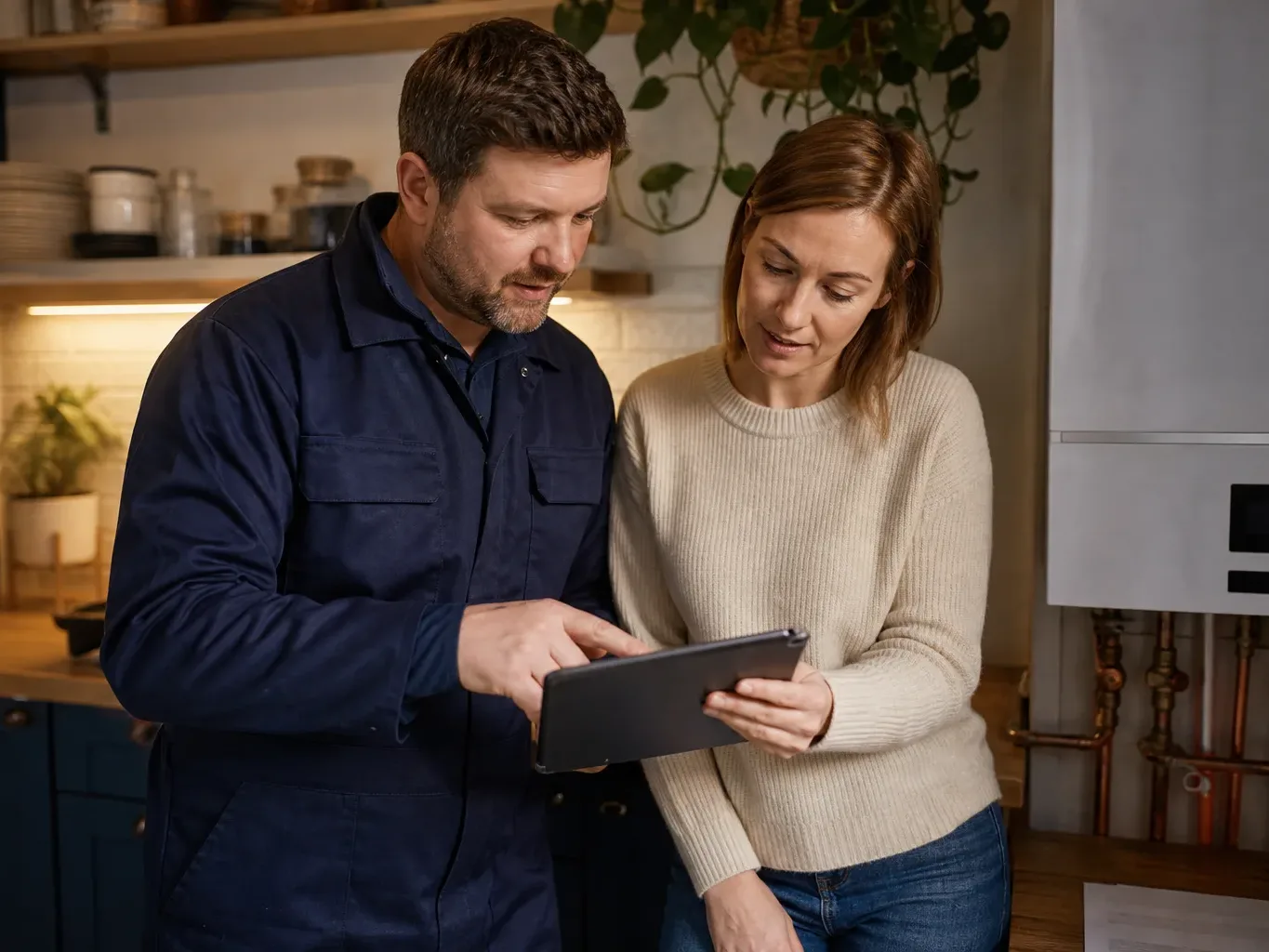 A engineer in a navy boilersuit and a homeowner review a tablet together beside a wall-mounted boiler in a kitchen.