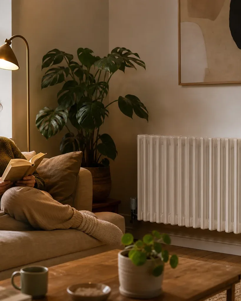 A person sits cross-legged on a sofa reading a book beside a large white column radiator in a cosy living room.
