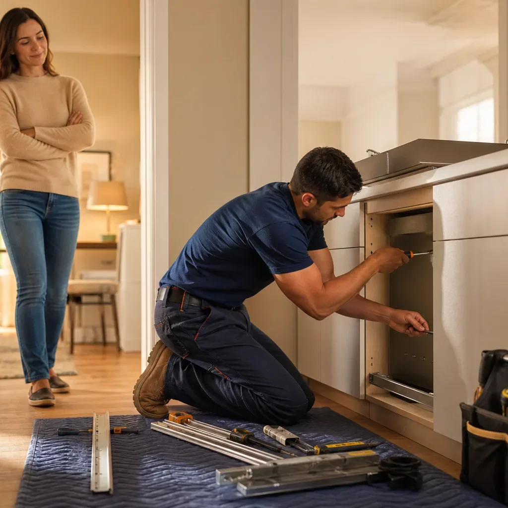 A person kneels to work on kitchen cabinetry with tools on the floor whilst another person watches from a doorway.