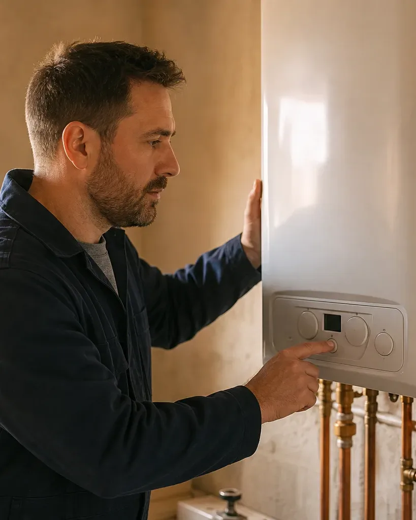 A technician in a dark blue work jacket adjusts the controls on a wall-mounted boiler with copper pipework.