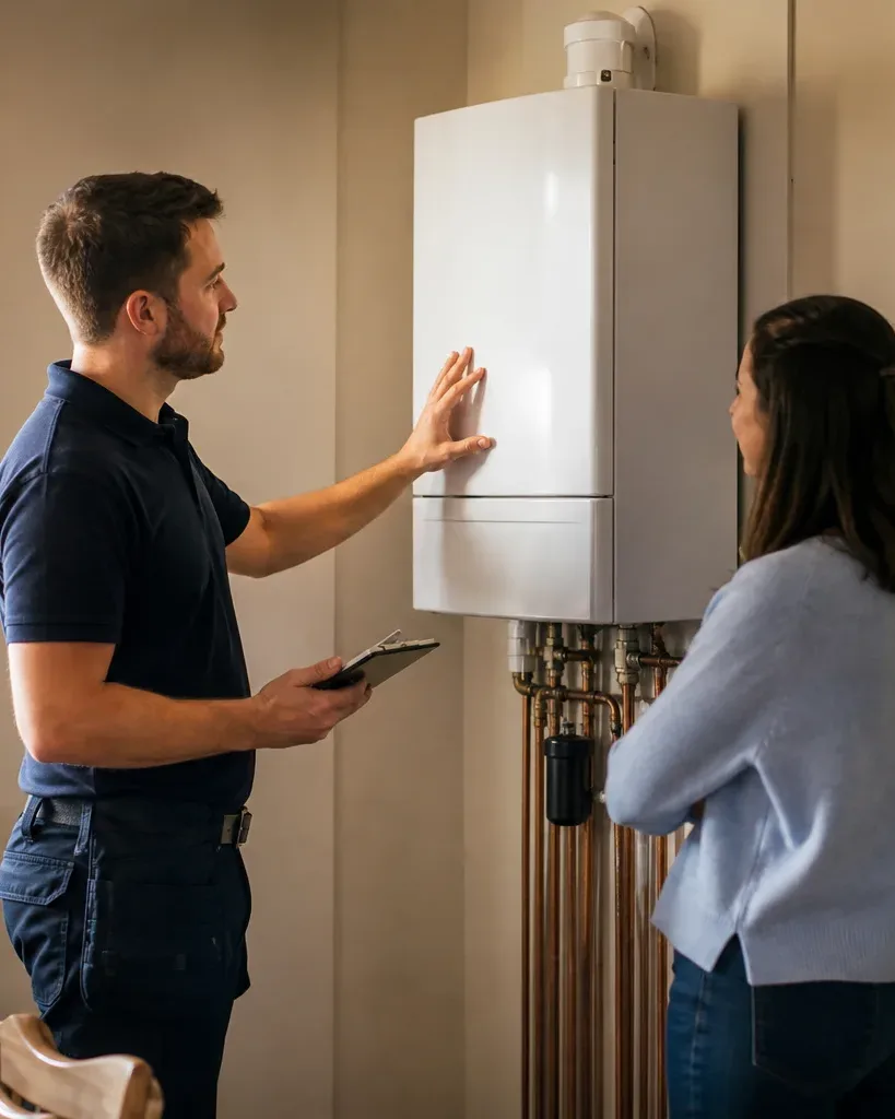A technician holding a clipboard points to a wall-mounted boiler whilst speaking with a homeowner in a kitchen.