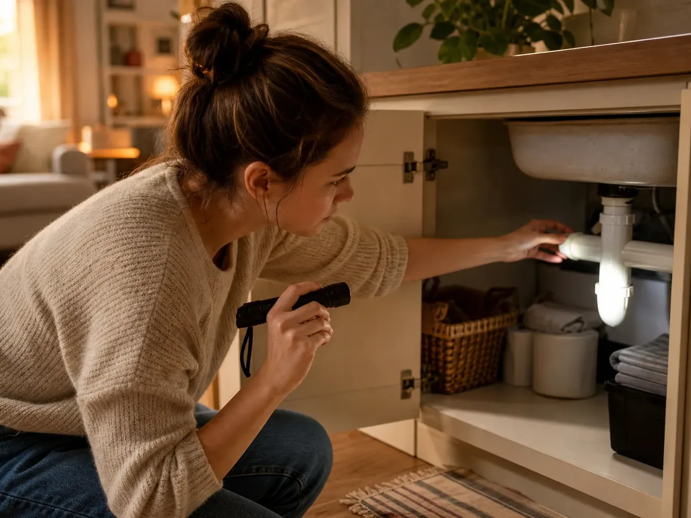 A person crouches to inspect under-sink pipework inside a cabinet, shining a torch on the pipes.
