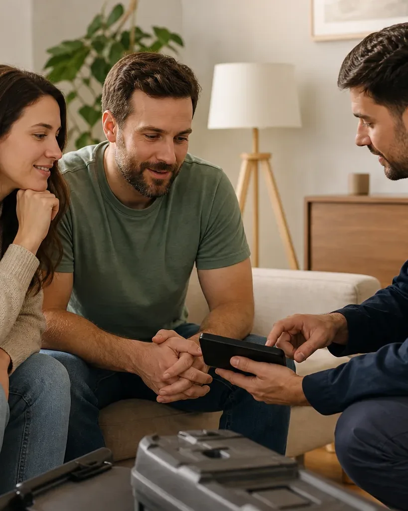 A tradesperson shows two homeowners something on a tablet in a living room, with a toolbox and tool belt visible.