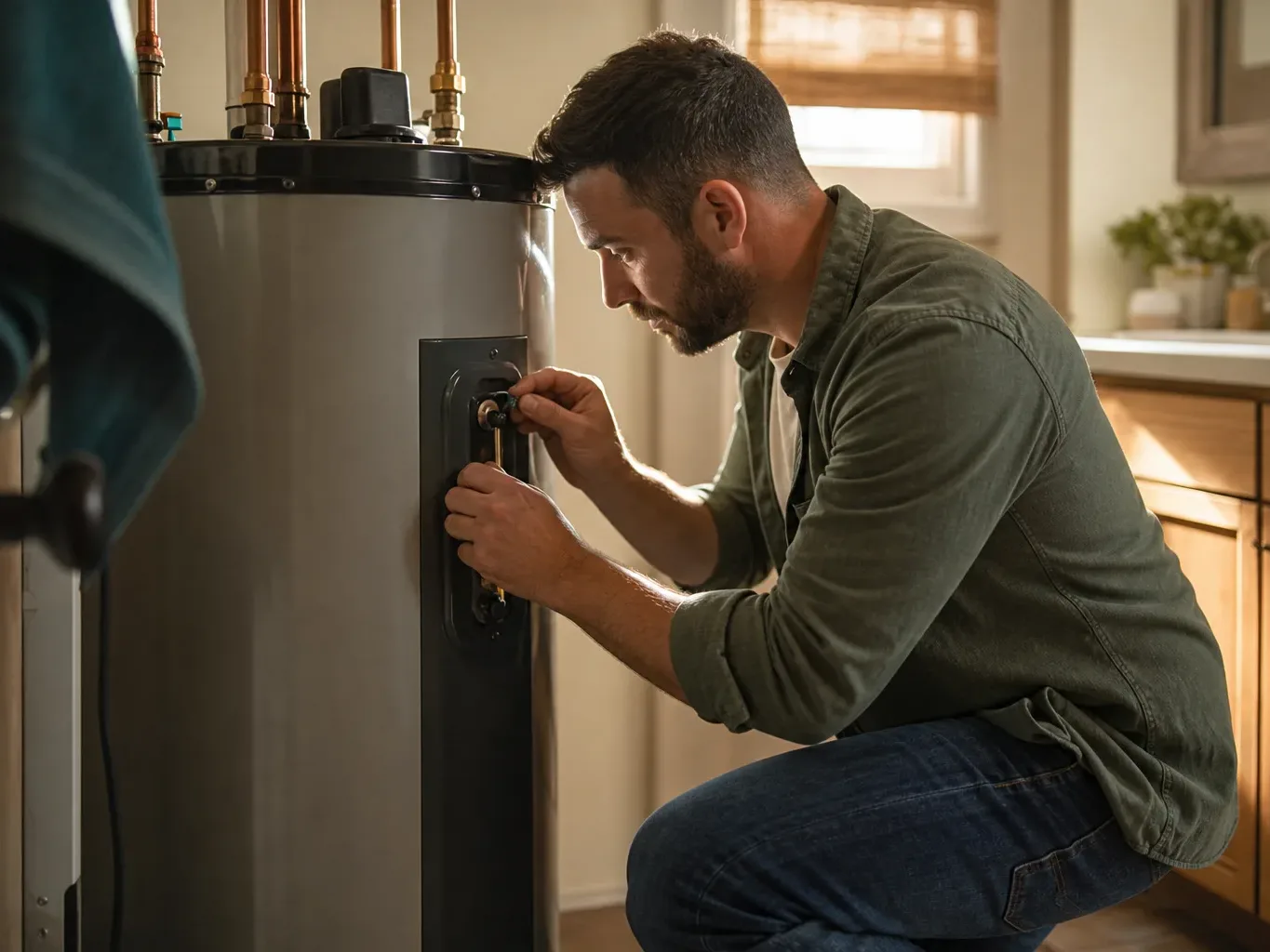A person crouches beside a water heater, adjusting a component on its side panel in a domestic utility area.