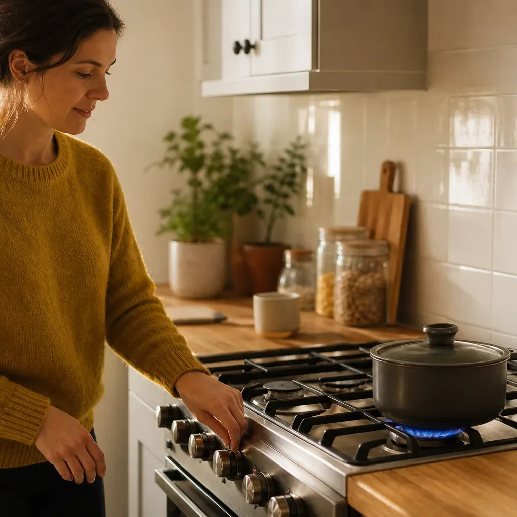 A person in a yellow jumper adjusts a knob on a gas hob with a pot on a lit burner in a home kitchen.