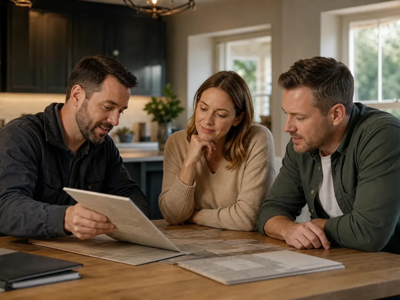 Three people gathered around a kitchen table reviewing material samples and documents in a modern home.