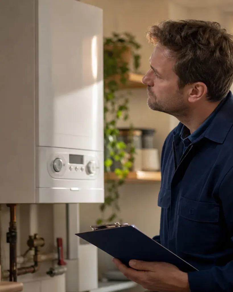 A engineer holding a clipboard inspects a wall-mounted boiler in a domestic kitchen.