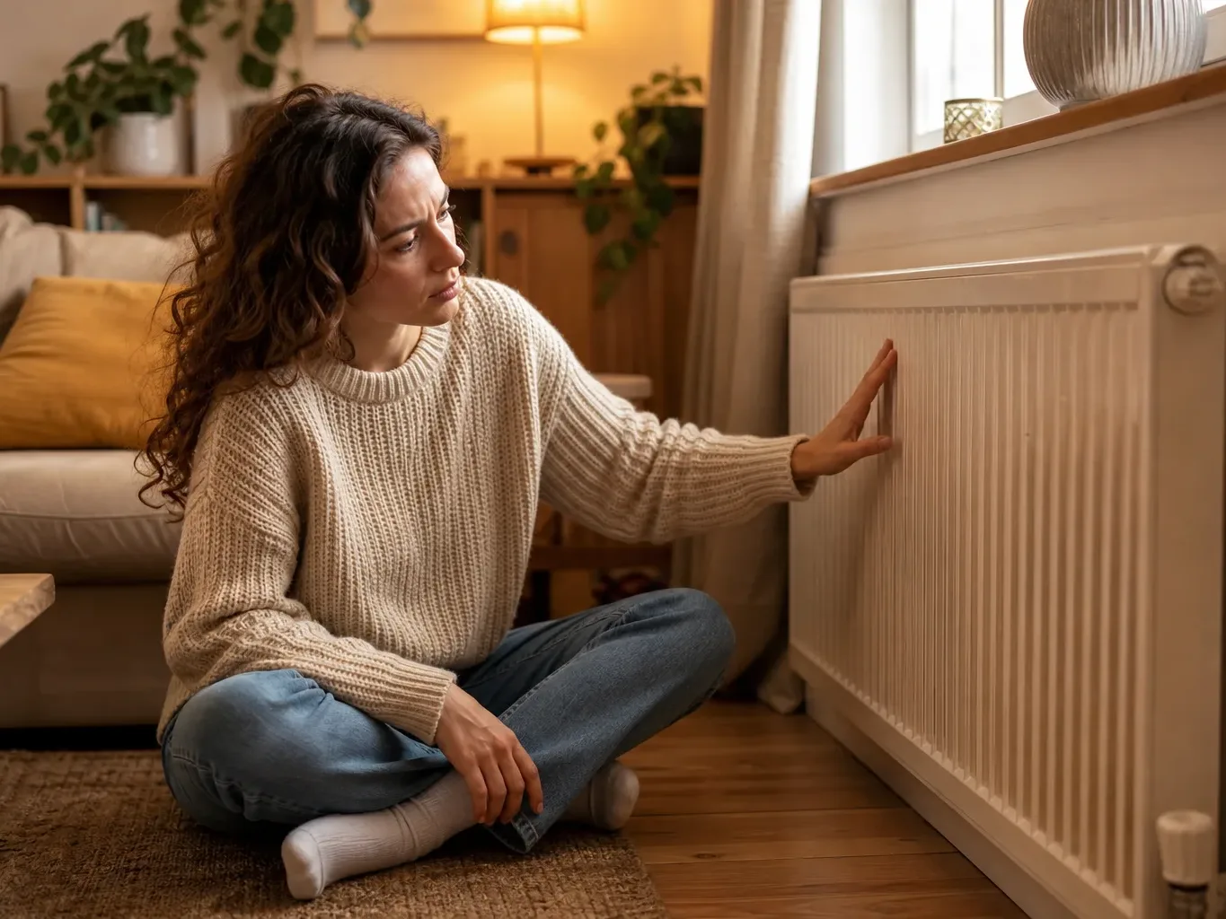 A person in a knitted jumper sits cross-legged on a floor, touching a radiator with a concerned expression.