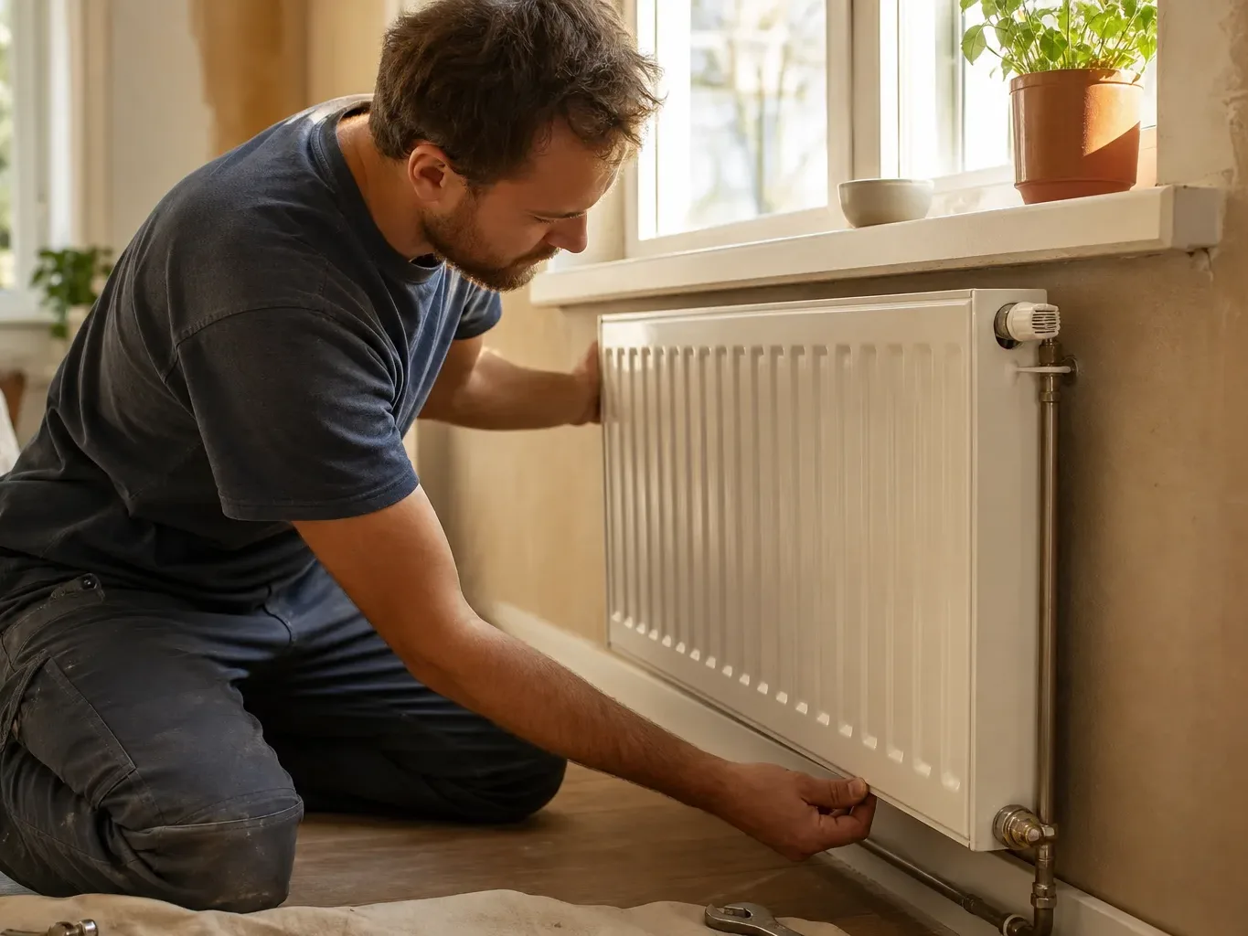 A person kneels on the floor installing a white panel radiator beneath a window in a home.