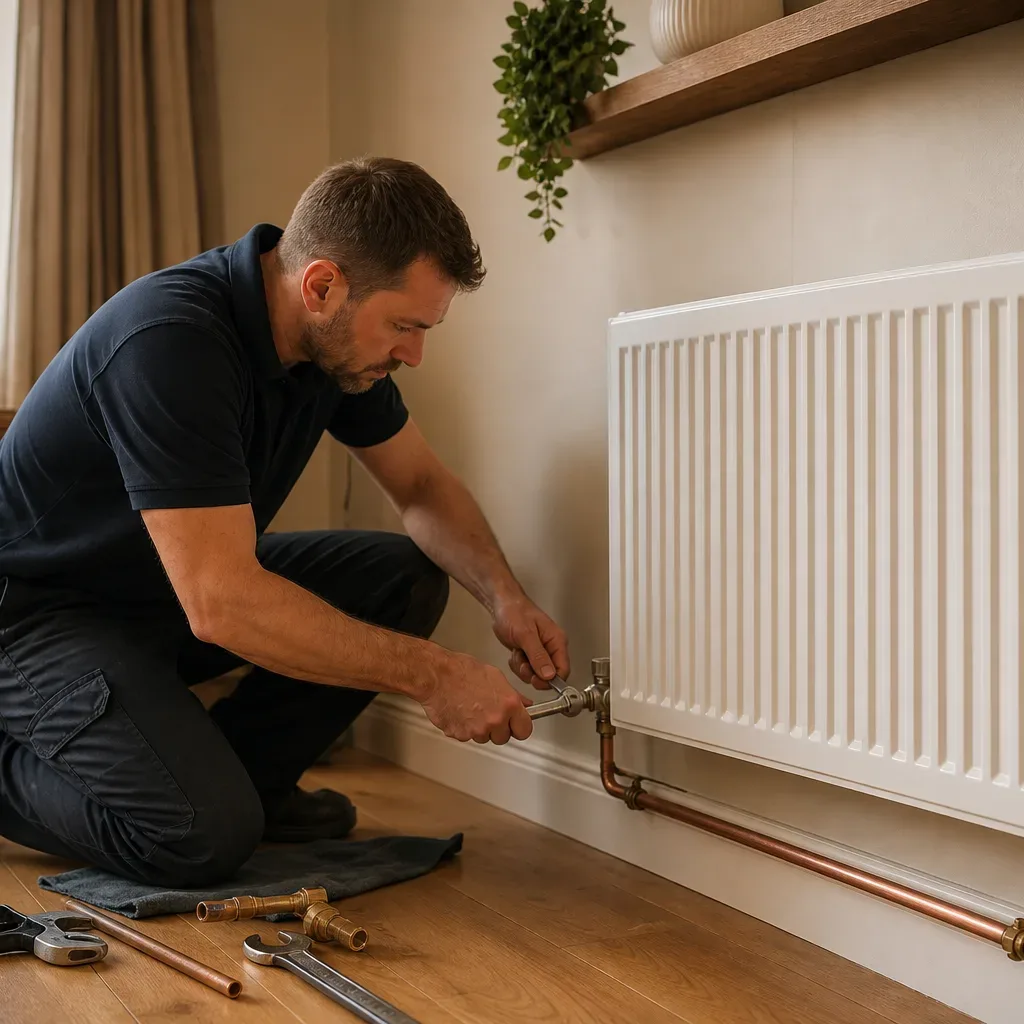 A person in dark workwear kneels on a wooden floor, using a wrench to fit copper pipework to a wall-mounted panel radiator.