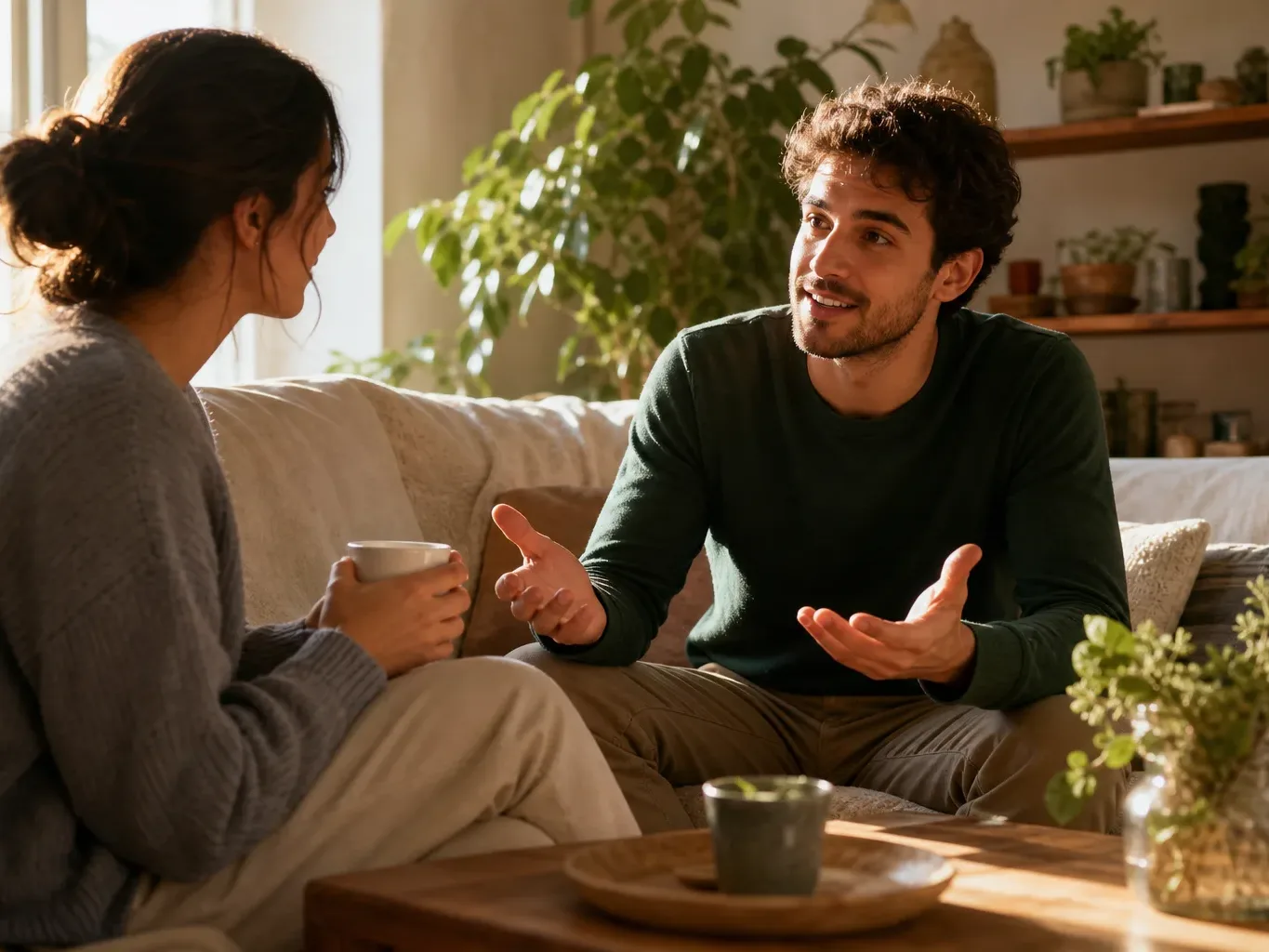 Two people sit on a sofa in a plant-filled living room, one holding a mug whilst the other gestures during conversation.
