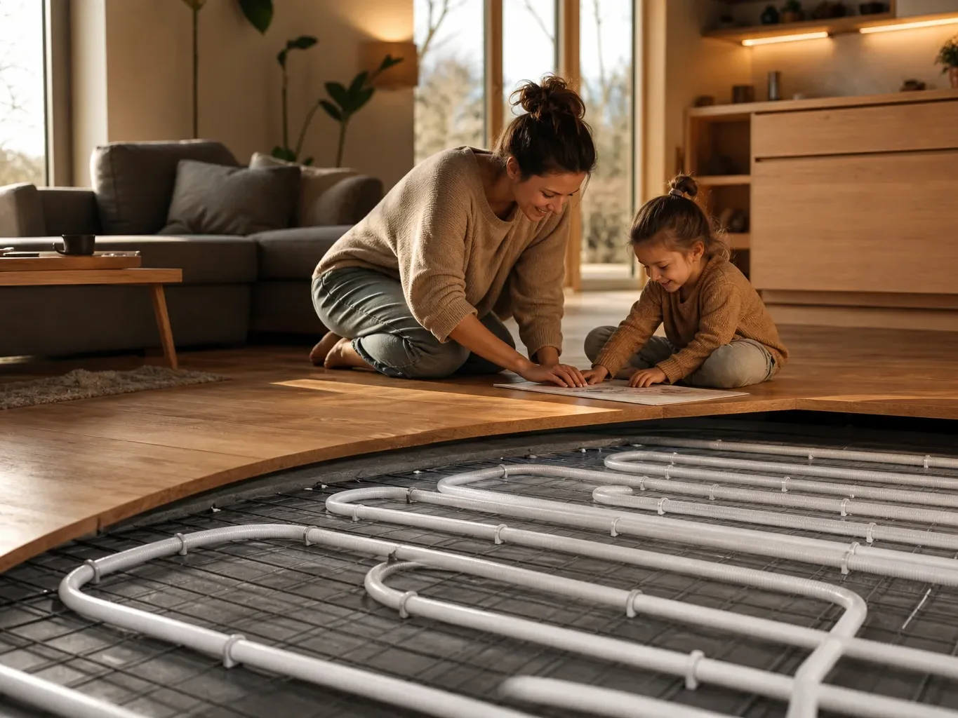 Two people kneel on a wooden floor, examining where it is peeled back to reveal underfloor heating pipes beneath.