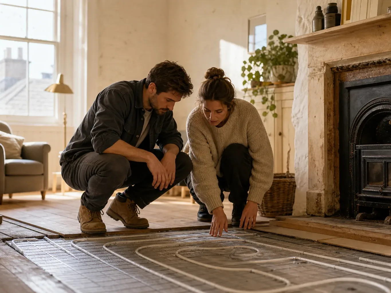Two people crouching on a living room floor examining underfloor heating pipes being installed beneath floorboards.